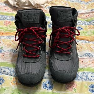 Bass hiking boots in charcoal gray with red and black laces!